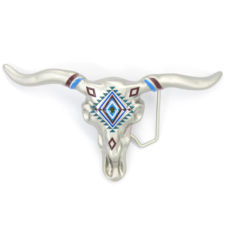 IVAN Steer Skull Trophy Buckle Nickle Matt Blue 38mm (1-1 2") / Mollies New Zealand