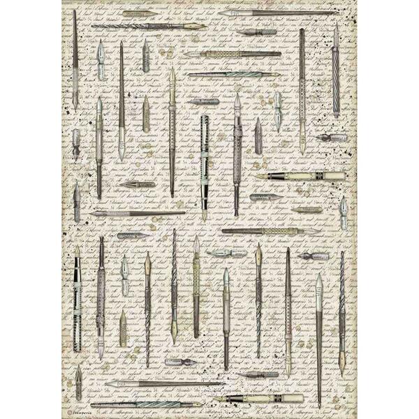 STAMPERIA Rice Paper Vintage Pens Calligraphy A3 / Mollies New Zealand