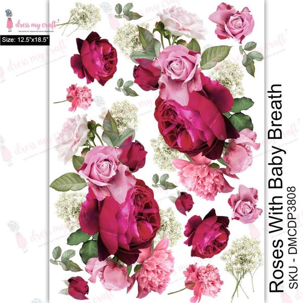 DRESS MY CRAFT Water Transfer A3 Roses With Baby Breath / Mollies New Zealand