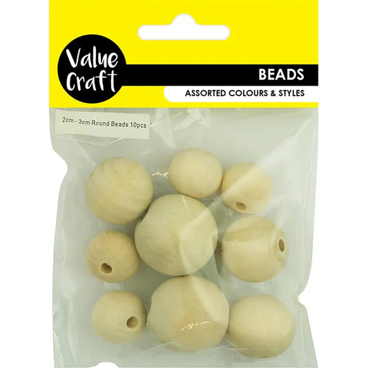 VALUE CRAFT MDF Wood Beads Round Natural 10PK | Mollies Make And Create NZ