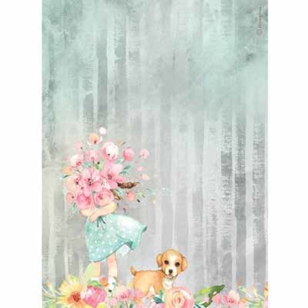 STAMPERIA Rice Paper Bouquet & Dog A4 / Mollies New Zealand