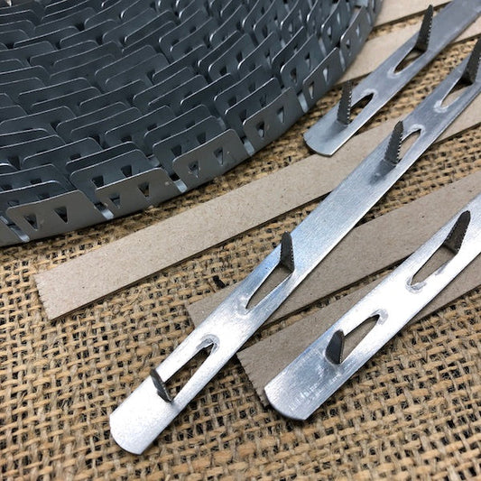 Upholstery tack strips including flexible, cardboard and rigid metal