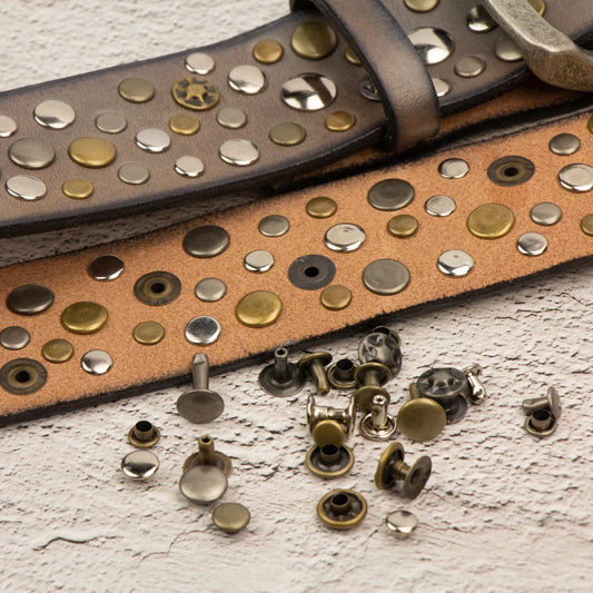 Leather belt with a variety of rivets