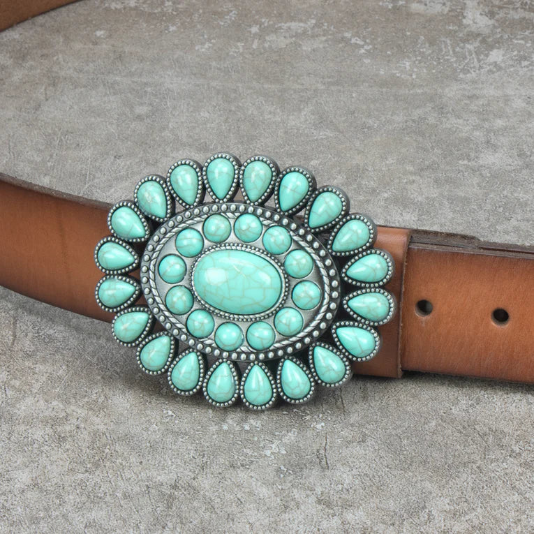 IVAN Starburst Stone Trophy Buckle Antique Nickel Turquoise 38mm (1-1 2") / Mollies New Zealand