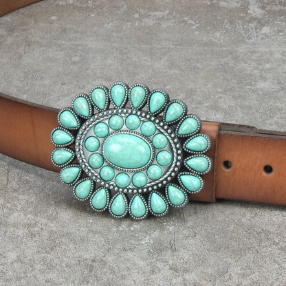 IVAN Starburst Stone Trophy Buckle Antique Nickel Turquoise 38mm (1-1 2") / Mollies New Zealand