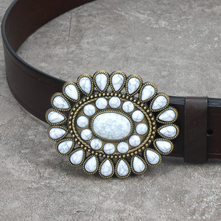 IVAN Starburst Stone Trophy Buckle Antique Brass White 38mm (1-1 2") / Mollies New Zealand
