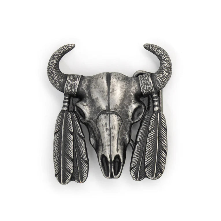 IVAN Steer Skull Trophy Buckle Antique Nickel 38mm (1-1 2") / Mollies New Zealand