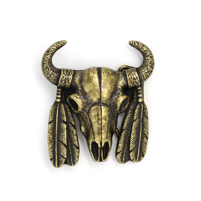 IVAN Steer Skull Trophy Buckle Antique Brass 38mm (1-1 2") / Mollies New Zealand