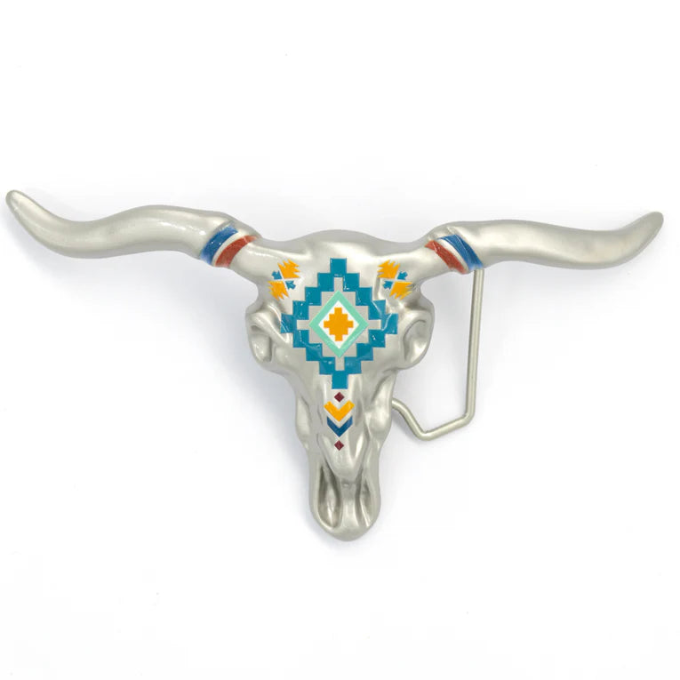 IVAN Steer Skull Trophy Buckle Nickel Matt Turquoise 38mm (1-1 2") / Mollies New Zealand