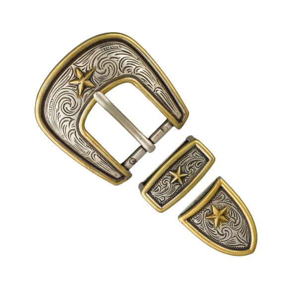 IVAN Two-Tone Star Engraved Buckle Set Antique Silver Antique Gold 25mm (1") 3PK / Mollies New Zealand