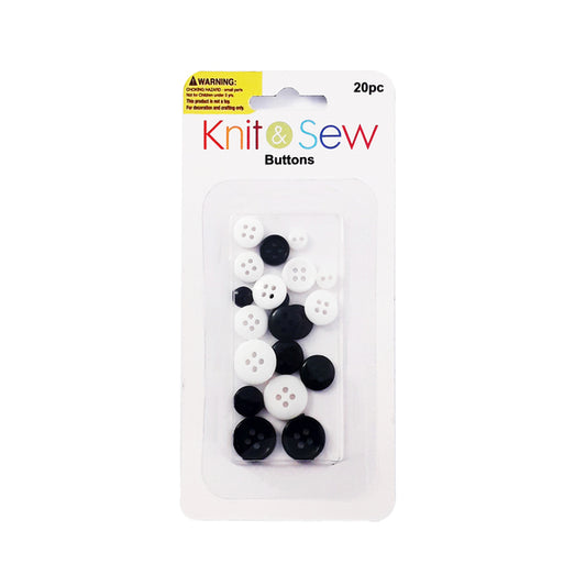 KNIT & SEW 4-Hole B&W Buttons 20PK | Mollies Make And Create NZ