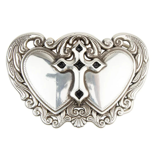 IVAN Double Heart Cross Trophy Buckle Antique Silver 38mm (1-1 2") / Mollies New Zealand