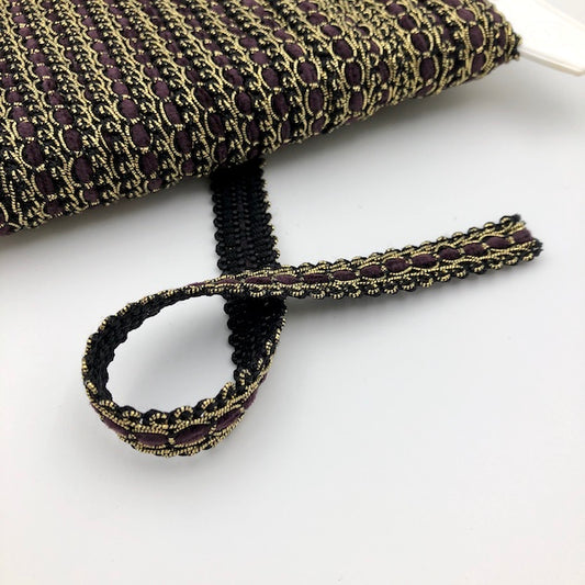 GIMP BRAID Laced 15mm Black Gold Aubergine Per meter / Mollies New Zealand