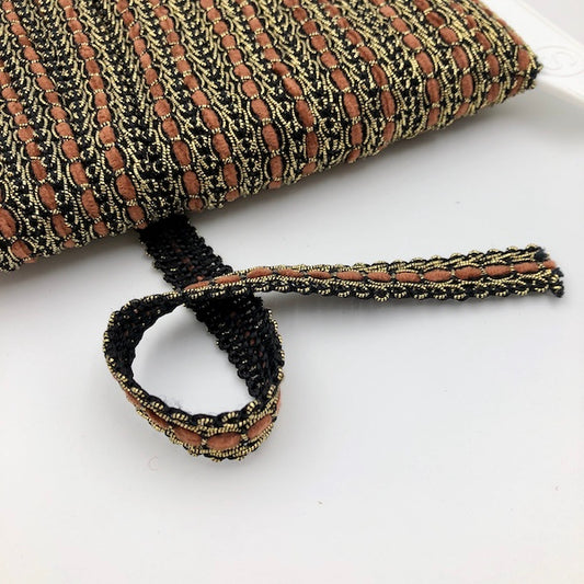 GIMP BRAID Laced 15mm Black Gold Amber Per meter / Mollies New Zealand