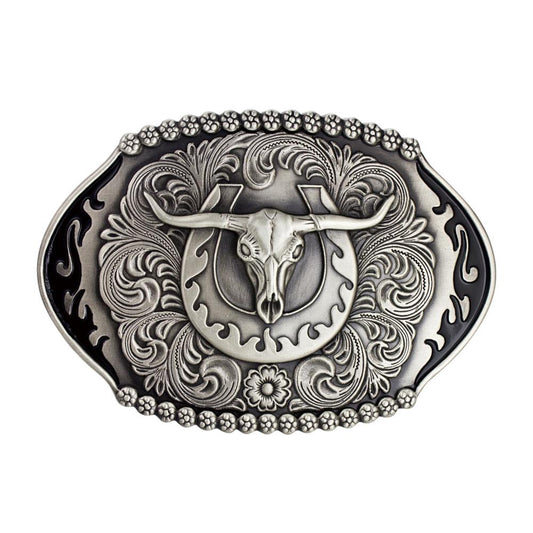 IVAN Horseshoe Steer Head Trophy Buckle Antique Silver 38mm (1-1 2") / Mollies New Zealand