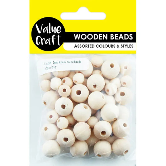 VALUE CRAFT Wooden Beads Mixed Round Natural 12mm & 8mm 55PK | Mollies Make And Create NZ