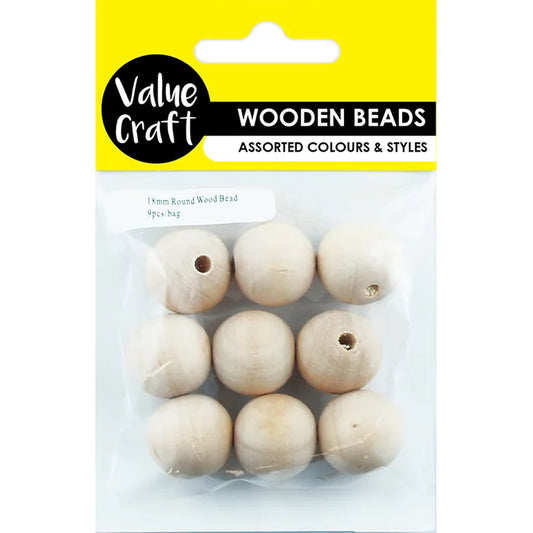 VALUE CRAFT Wooden Beads Round Natural 18mm 9PK | Mollies Make And Create NZ