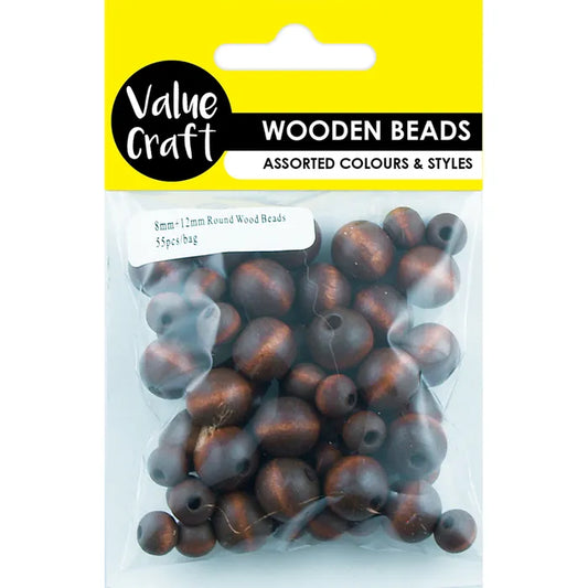 VALUE CRAFT Wooden Beads Mixed Round Brown 12mm & 8mm 55PK | Mollies Make And Create NZ
