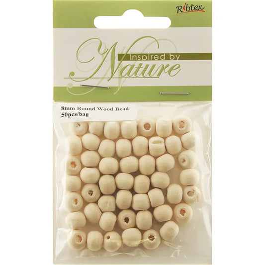 RIBTEX Wooden Beads Round Natural Raw 8mm 50PK | Mollies Make And Create NZ