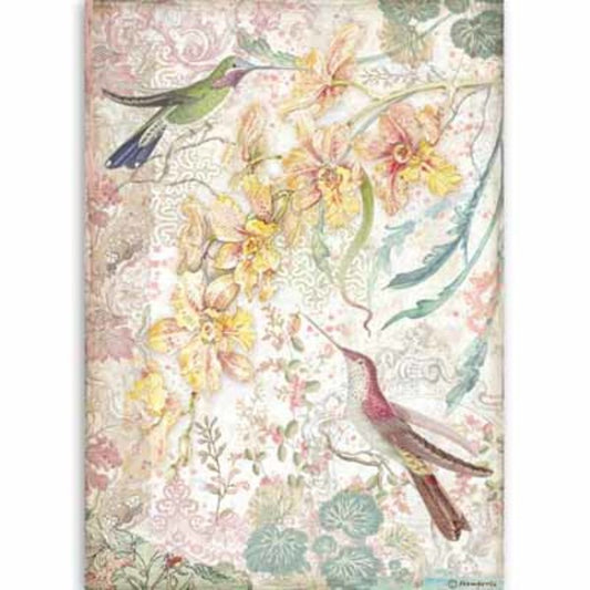 STAMPERIA Rice Paper Yellow Orchid & Birds A4 | Mollies Make And Create NZ