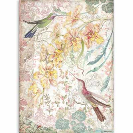 STAMPERIA Rice Paper Yellow Orchid & Birds A4 / Mollies New Zealand
